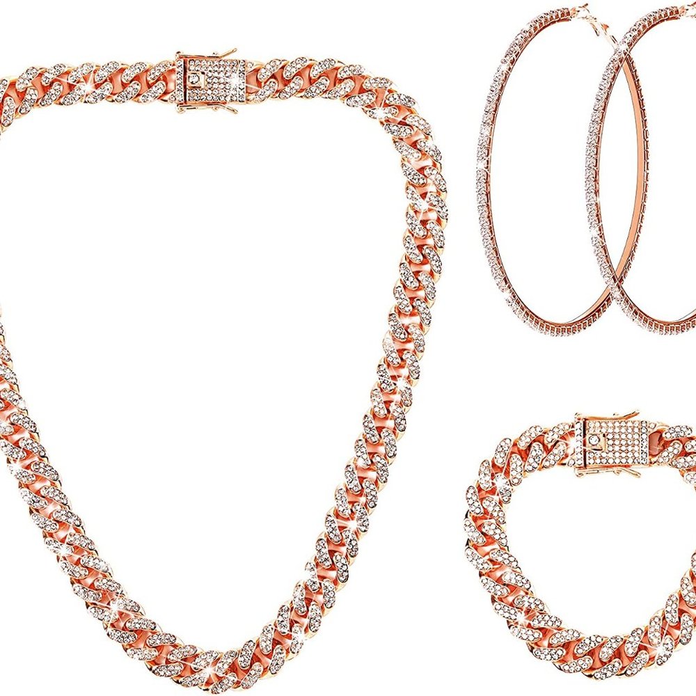 New Cuban Link Chain Necklace Bracelet Rhinestone Hoop Earrings Set - Picture 3 of 8